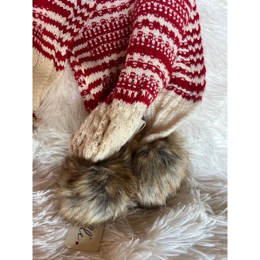 Noelle Knit Scarf OS Red Cream Striped Nordic Alpine Pointelle Faux Fur Pom Poms